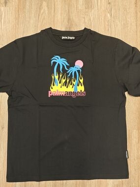 Palm Angels Black Tee with Blue Palms, Yellow Flames & Pink Accents